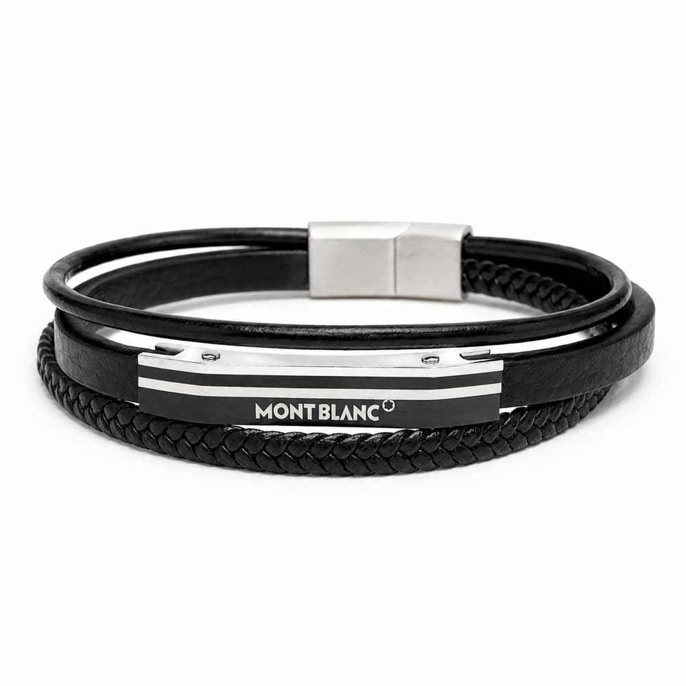 LB-1023a دستبند چرم مردانه طرح مونت بلانک (Montblanc) مشکی نقرهای کد LB-1023 - تصویر 1