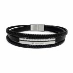 دستبند چرم مردانه 3 لاین طرح رولکس (Rolex) مشکی نقره‌ای کد LB-1025