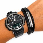 دستبند چرم مردانه 3 لاین طرح رولکس (Rolex) مشکی نقره‌ای کد LB-1025 - تصویر 2