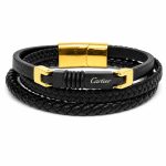 دستبند چرم مردانه 3 لاین طرح کارتیر (Cartier) مشکی طلایی کد LB-1026