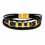 دستبند چرم مردانه 3 لاین طرح رولکس (Rolex) مشکی طلایی کد LB-1029
