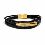 دستبند چرم مردانه 3 لاین طرح رولکس (Rolex) مشکی طلایی کد LB-1030
