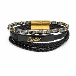 دستبند چرم مردانه 4 لاین طرح کارتیر (Cartier) مشکی طلایی کد LB-1031