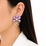 گوشواره میناکاری گل بنفش مرواریدی زنانه کد GAB-032 - تصویر 2