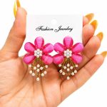 گوشواره میناکاری گل سرخابی مرواریدی زنانه کد GAB-034 - تصویر 3